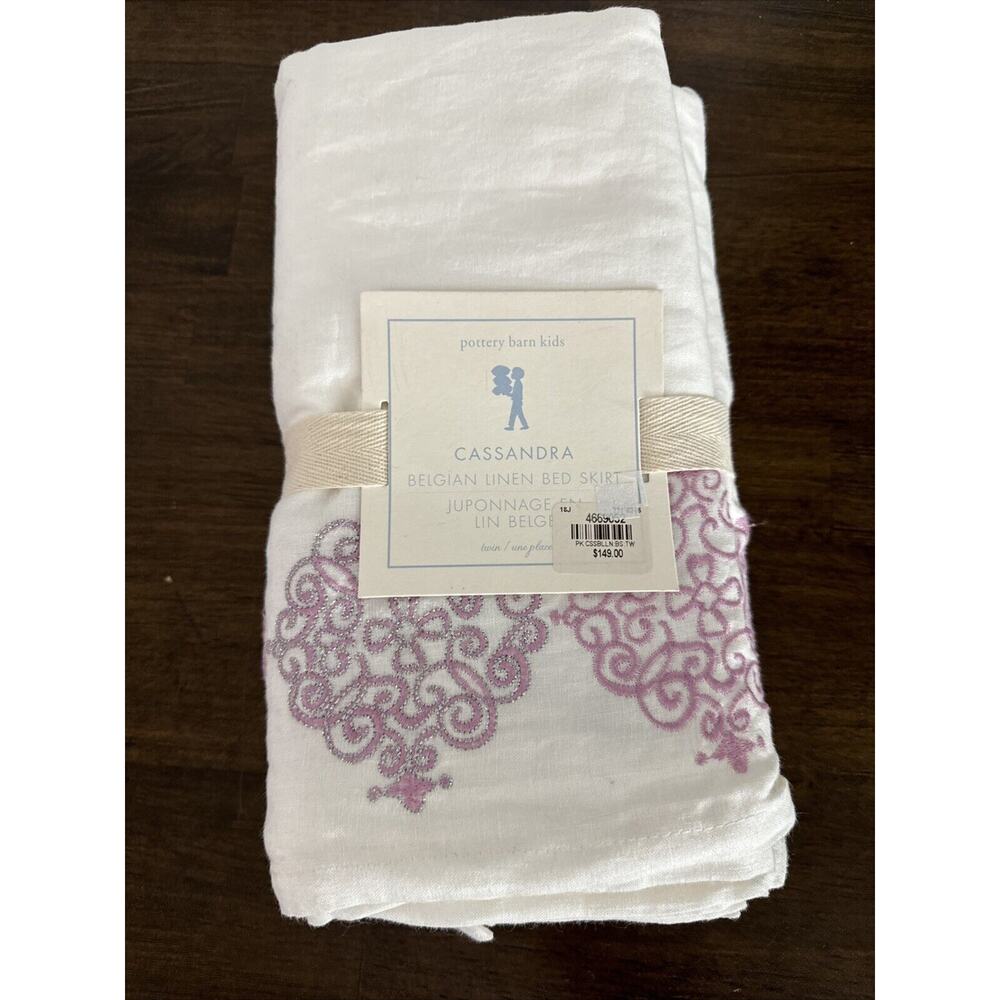 NEW Pottery Barn Kids Cassandra Belgian Linen Embroidered PINK Bed Skirt TWIN